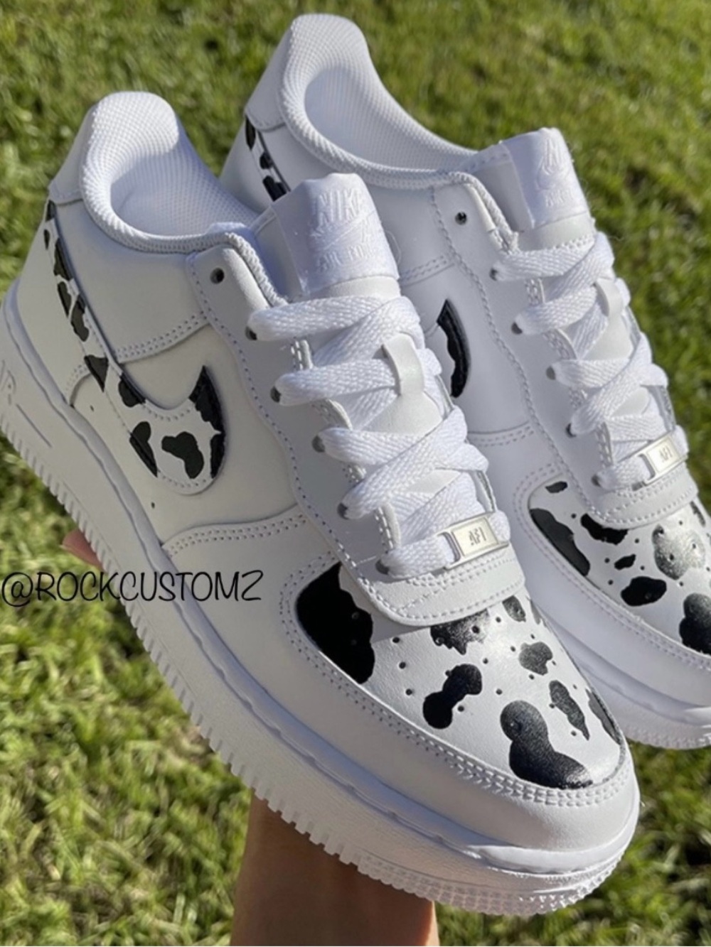 Custom Nike Kids White Air Force 1s with Black Cow Spot Accent